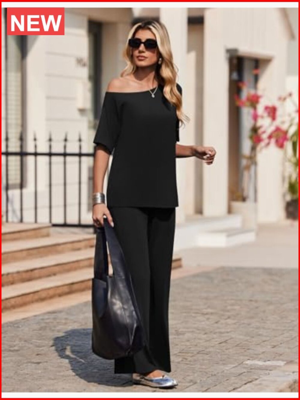 Off Shoulder Short Sleeve Top & Long Pants 2 Piece Set Lounge Sets for Women - Picture 5 of 7